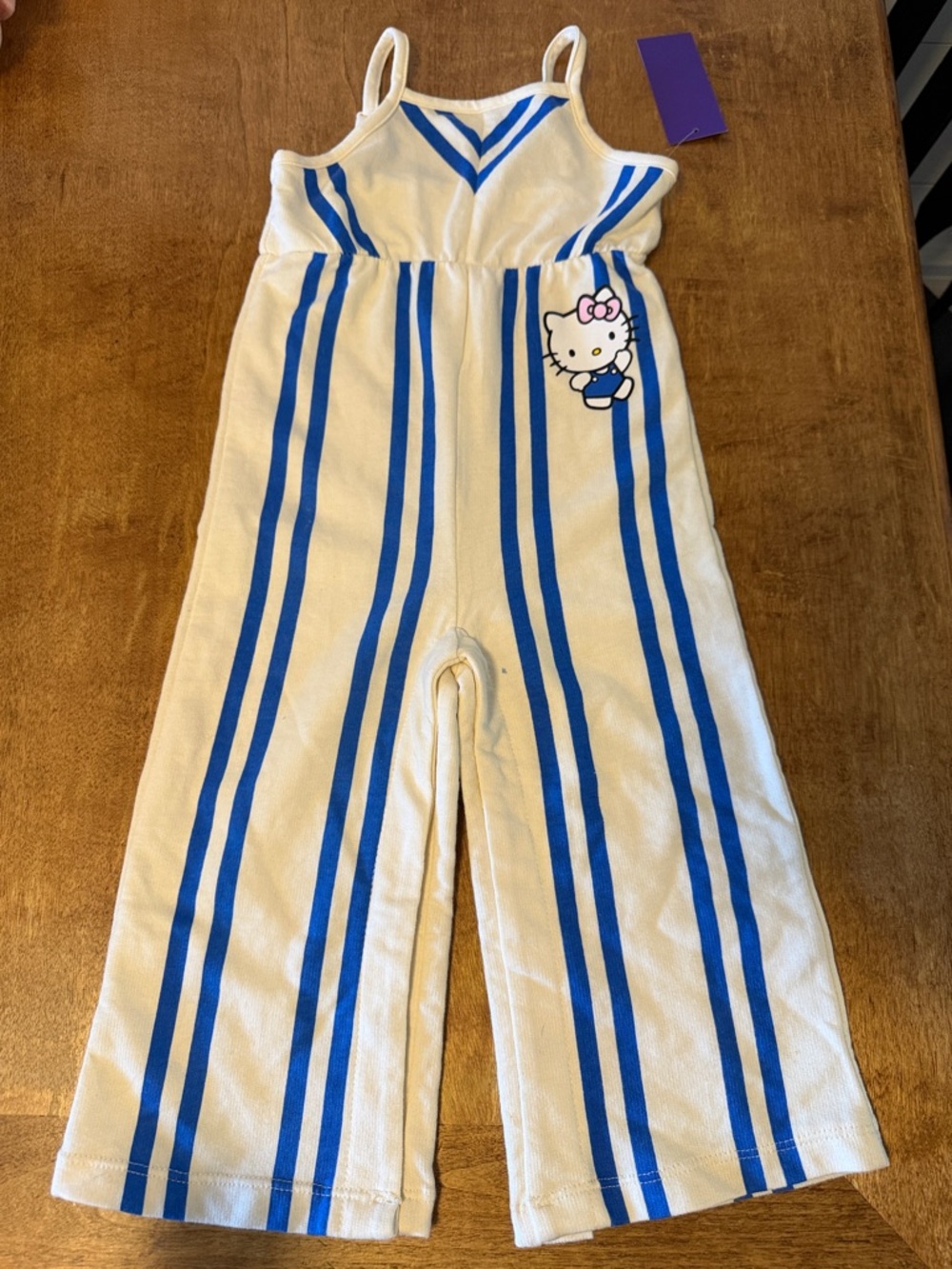 Hello Kitty Cream and Blue Striped Toddler Girls' Romper Jumpsuit